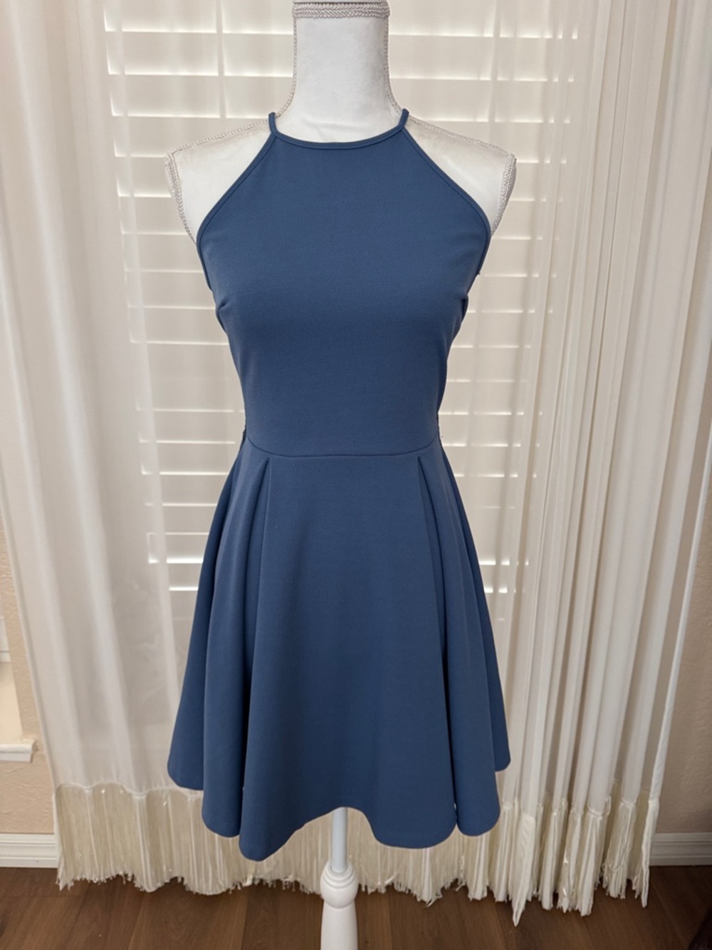 Windsor Sleeveless Halter Fit & Flare Dress in Slate Blue